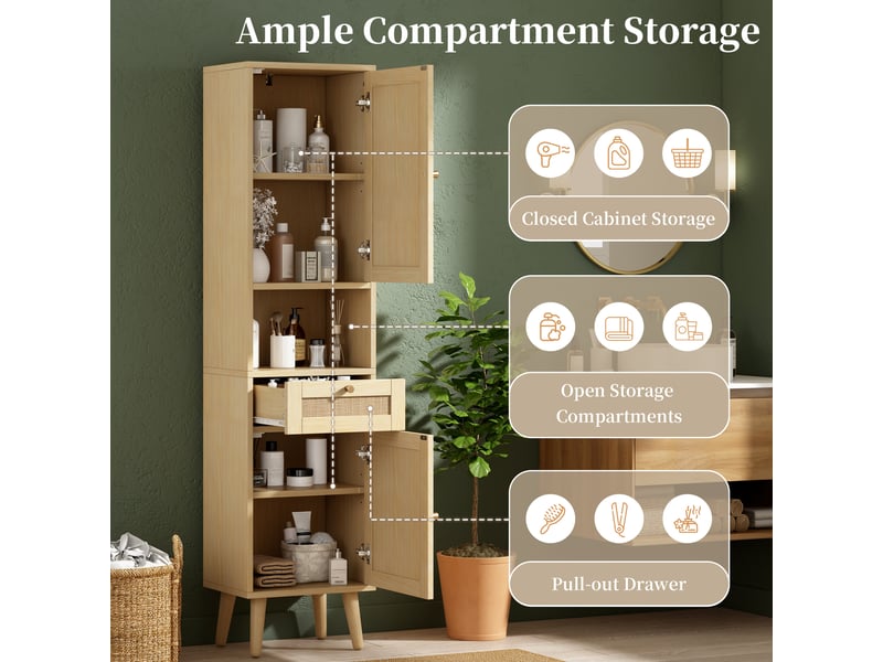  Colonne de salle de bain 2 portes rotin 1 tiroir naturel 40 x 30 x 166 cm  - Conforama E