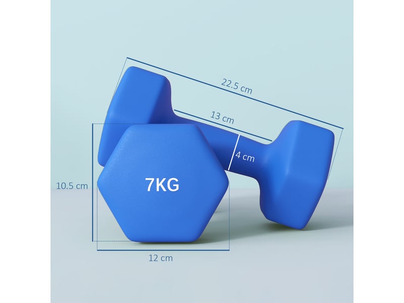 Lot de 2 haltères hexagonales, 2 x 7 kg, métal et plastique, avec poignée antidérapante, 22,5 x 10,5 x 10,5 cm, bleues - Conforama E
