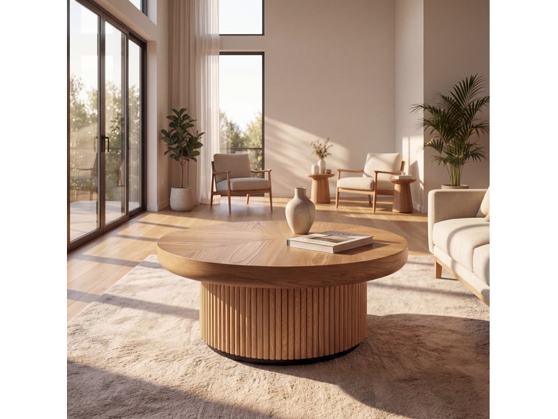  Table basse ronde ulevr à plateau parquet épais 8 cm, ø 78 x h 38,5 cm, base cylindrique cannelée, bois naturel  - Conforama D