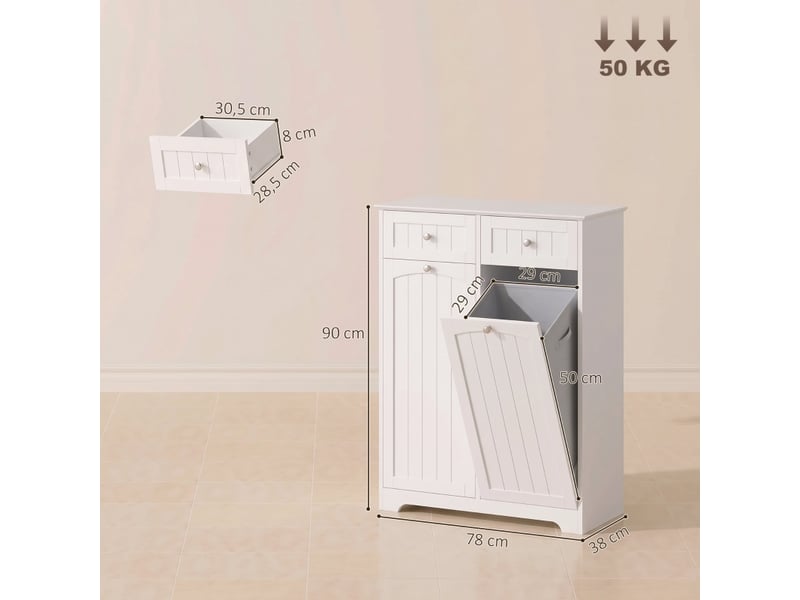 Meuble de salle de bain et buanderie 78x38x90 cm sur pieds, panier à linge basculant, 2 tiroirs, 2 sacs à linge amovibles, mdf - blanc - Conforama E
