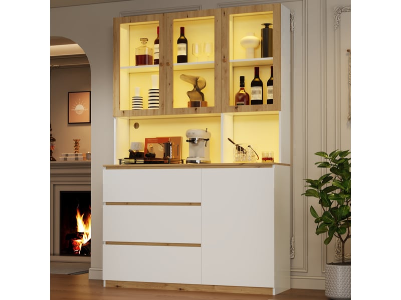 Vitrine avec éclairage led, armoire haute blanc et chêne 120x200 cm. Armoire de cuisine multifonction avec tiroirs et étagères en verre.  - Conforama D