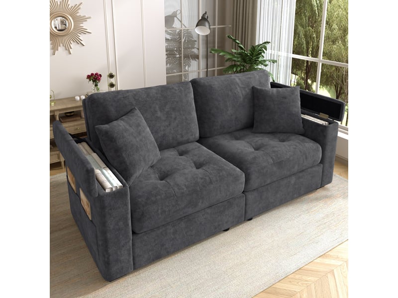 Canapé droit 2 places 180 cm avec rangement intégré dans les accoudoirs, poches latérales, 2 coussins et mousse haute densité, chenille, gris foncé  - Conforama B