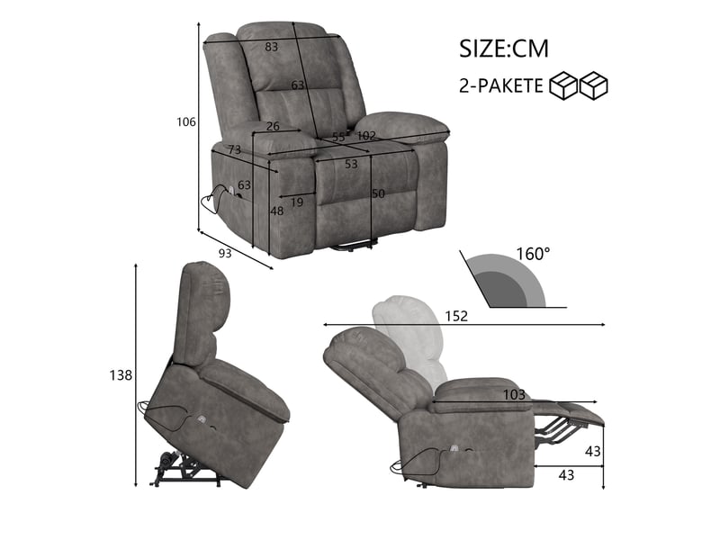  Fauteuil relax électrique - 93x93x106cm - fauteuil de massage 8 points avec chauffage et fonction relevable - gris foncé  - Conforama E