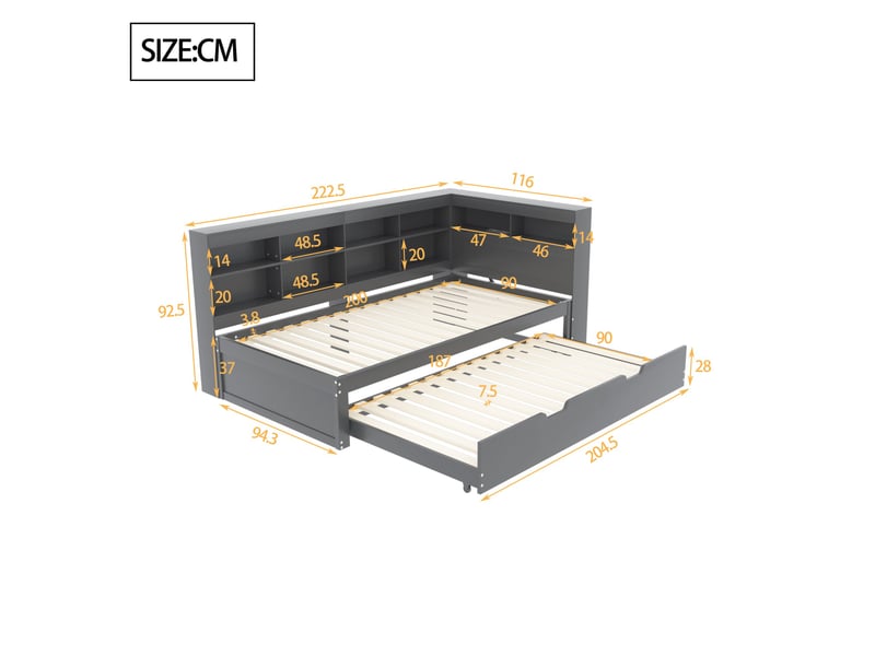 Lit banquette enfant 90 x 200 cm avec lit gigogne 90 x 190 cm, usb et rangements, bois, gris Fay Lum - Conforama C