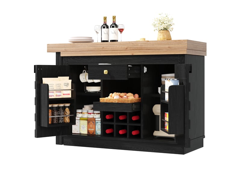 Îlot de cuisine 120x40x74,2 cm - meuble de rangement 2 portes et 2 tiroirs, plateau pivotant et porte-bouteilles - noir - Conforama E