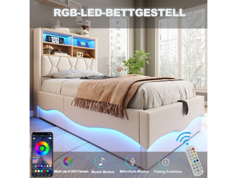  Lit coffre enfant 200×90 cm avec rangement hydraulique, éclairage led et port usb, en tissu de lin beige  - Conforama E