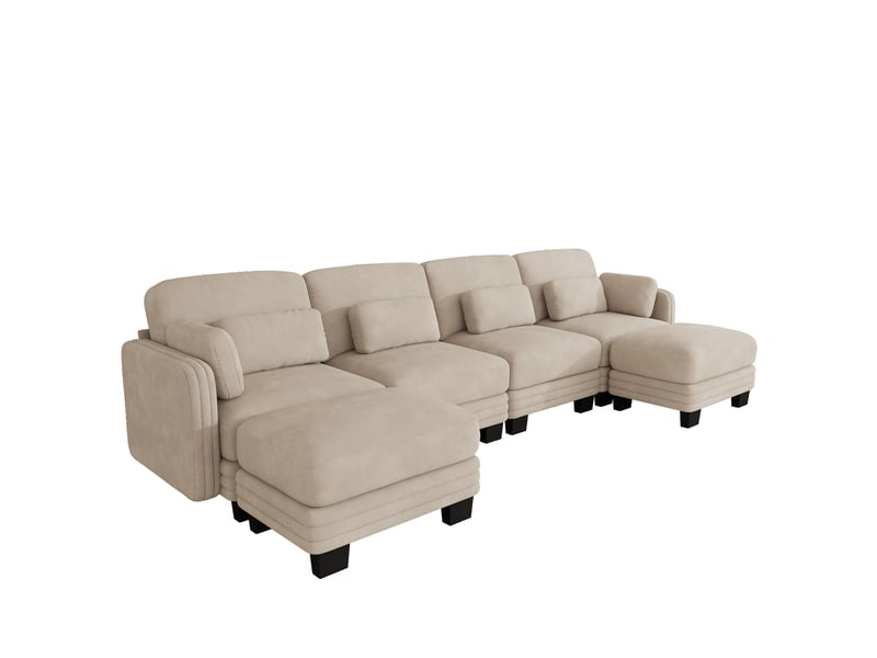 Canapé d'angle modulaire 4 places en u, chenille, cadre bois massif, assise large et profonde, design ergonomique, 2 ottomanes, salon, marron clair - Conforama A