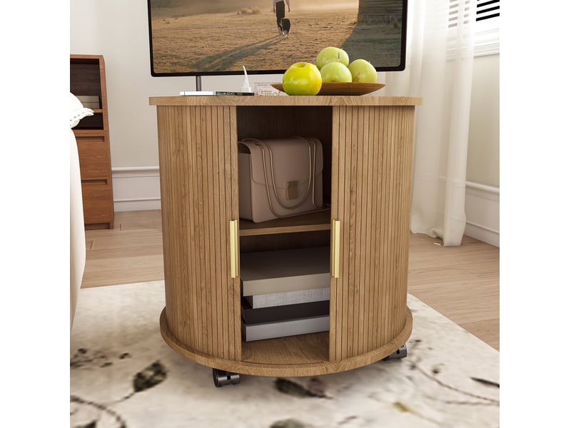  Table de chevet cylindrique, prise secteur et 2 ports usb, porte coulissante, meuble bureau et salon, mdf, décor chêne  - Conforama D
