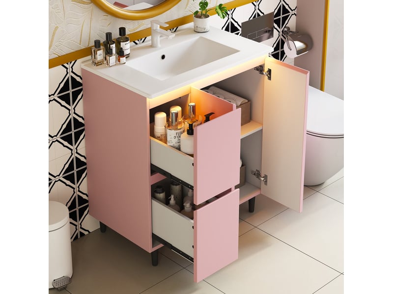  Meuble sous vasque avec 2 tiroirs, 1 porte et éclairage led à capteur pour salle de bain, mdf rose, 76 × 47 × 89 cm  - Conforama D