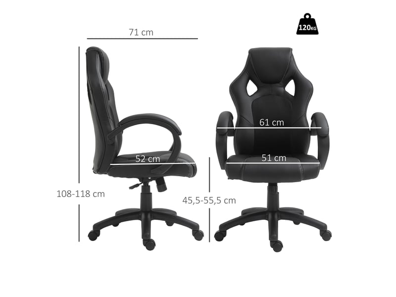  Fauteuil de gaming à hauteur réglable avec fonction bascule pivotant et inclinable 71x61x108-118 cm noir  - Conforama C