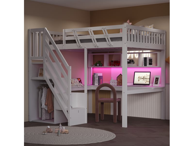  Elvmi lit mezzanine enfant 140x200 en bois blanc avec escalier de rangement, bureau intégré, éclairage led, étagères ouvertes et prises  - Conforama B