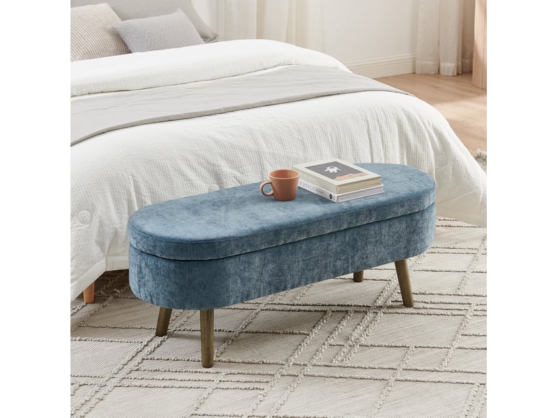  Banc de rangement 110x40x42 cm avec coffre 20 l, pieds en bois, pour chambre et salon, assise en tissu chenille, bleu  - Conforama D