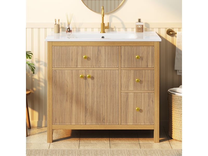  Meuble de salle de bain 91 cm avec vasque céramique, façade ondulée, bois naturel, soft-close  - Conforama C