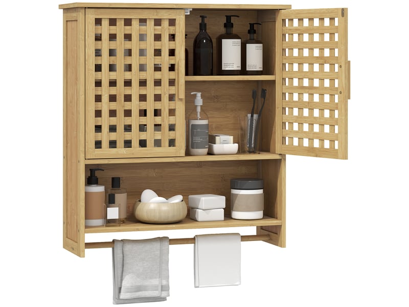  Armoire murale de salle de bain en bambou, 2 portes ajourées, étagère réglable, 62 x 20 x 66 cm  - Conforama A