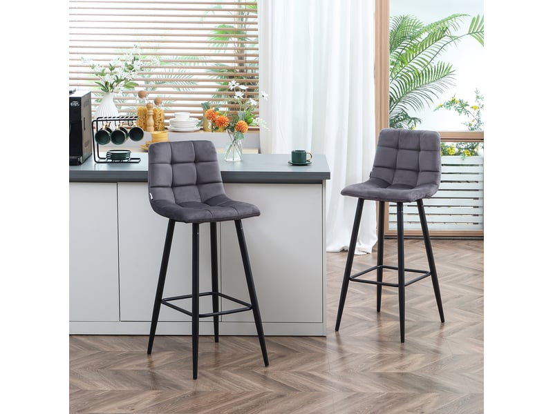  Ensemble de 2 tabourets de bar hauts, revêtus de velours, avec repose-pieds et dossier, gris  - Conforama C