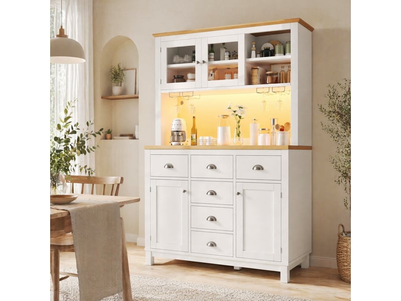  Buffet et enfilade avec 4 portes, led et rangements pour salle à manger style maison de campagne en mdf blanc  - Conforama C