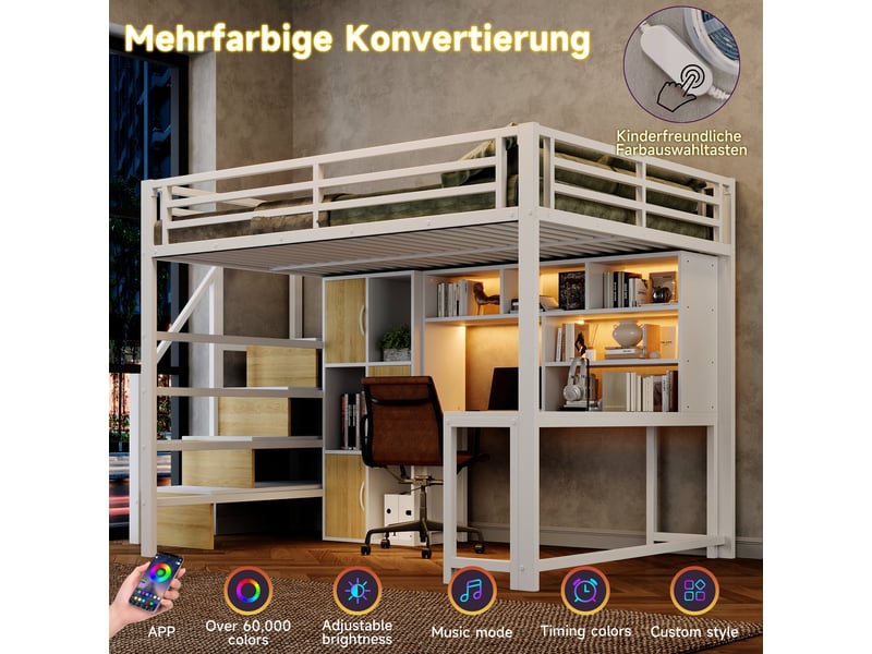  Lit mezzanine 140x200 cm en métal avec meuble-échelle, niche de rangement et led intégrée, lit gain de place - blanc Morn Vibe - Conforama D