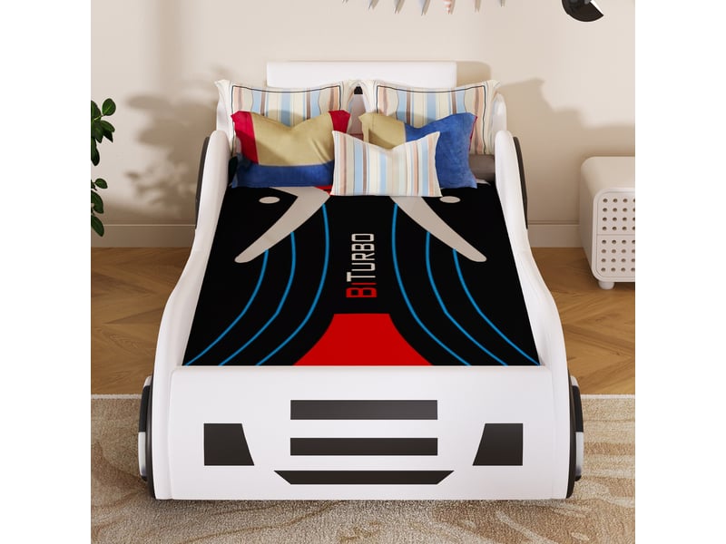  Lit voiture enfant 90x200 cm, lit simple rembourré, coffre hydraulique, rangement, sommier, simili pu (sans matelas), blanc CozyNest - Conforama E