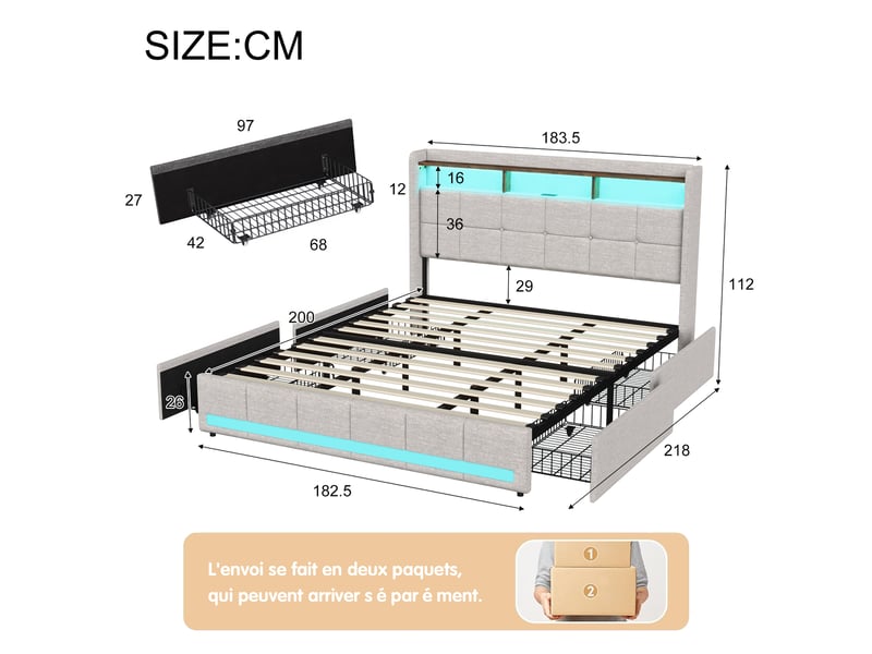 Lit double rembourré 180x200 cm avec sommier et 4 tiroirs, lit 2 personnes avec rangement et tête de lit, led et usb, lin beige - Conforama C