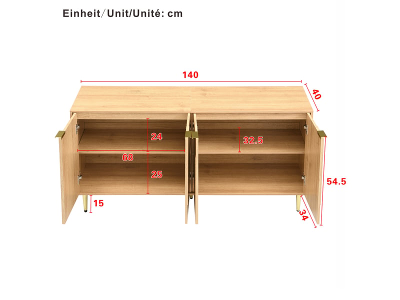  Buffet 4 portes en mdf naturel avec pieds en métal, 140 x 40 x 72 cm  - Conforama E