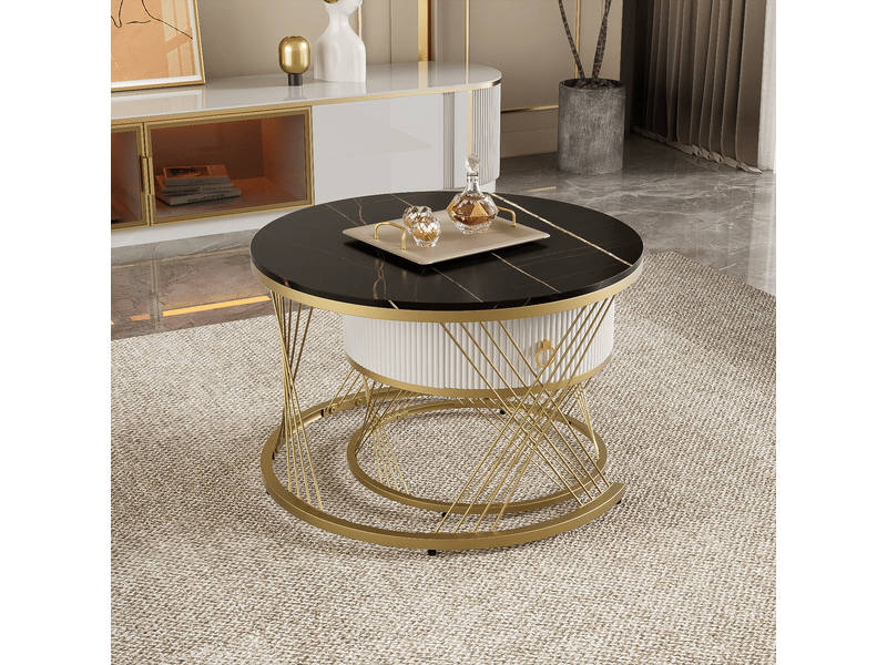 Table basse, effet marbre, lot de 2, 2 tiroirs, pieds en métal, design moderne et fonctionnel pour salon - Conforama E