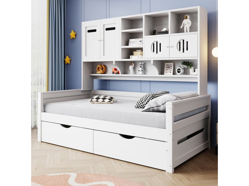  Modenvie lit banquette 90x200 cm - avec rangements et 2 tiroirs, sans matelas, montage mural - blanc  - Conforama E