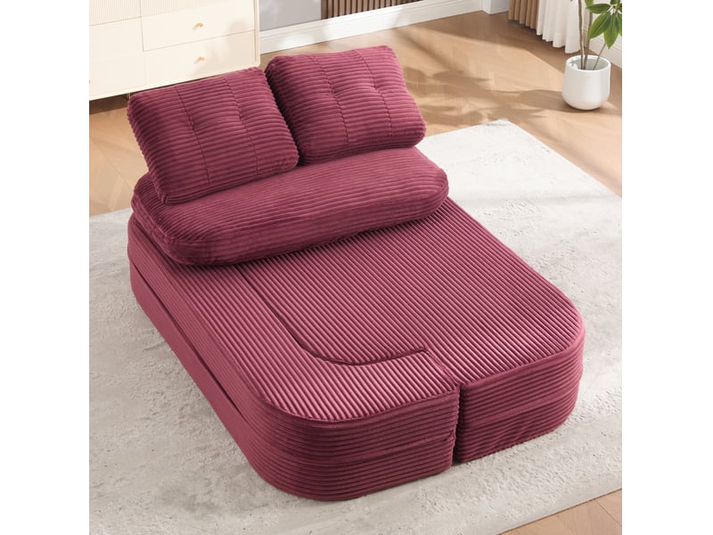 Canapé-lit 2-en-1 165x97x61 cm, ouvert 165x123x30 cm, 2 porte-gobelets, velours côtelé rouge bordeaux, sans matelas - Conforama B