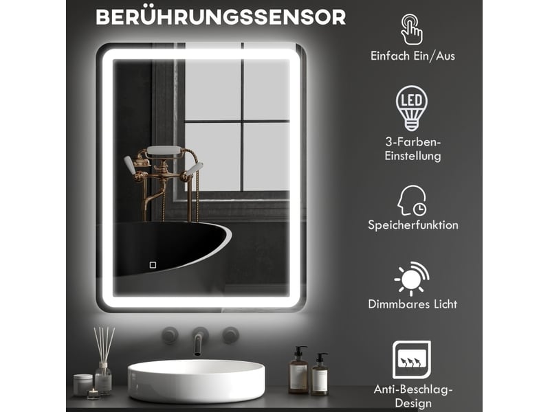  Miroir de salle de bain led 70x90 cm – argent – tactile, antibuée, 3 teintes réglables et mémoire  - Conforama E
