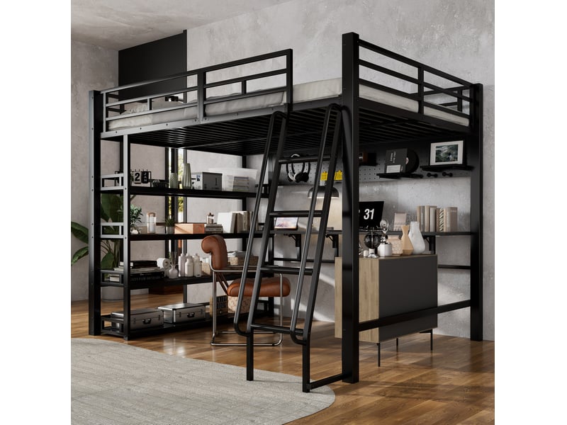  Modenvie lit mezzanine 140x200 cm - avec étagères, rangement et port de charge, sans matelas - noir  - Conforama B