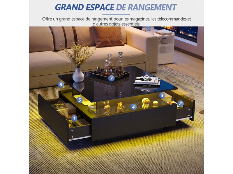  Table basse led noire brillante 70x70x41 cm, table de salon carrée avec 2 tiroirs  - Conforama D