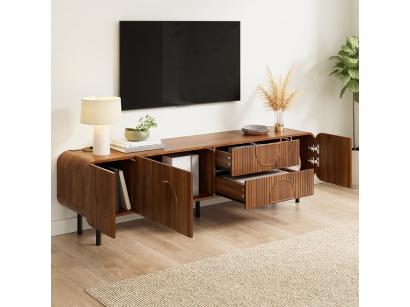 Meuble tv 3 portes et 2 tiroirs – mid-century moderne, pieds métal, passages de câbles, salon - Conforama E