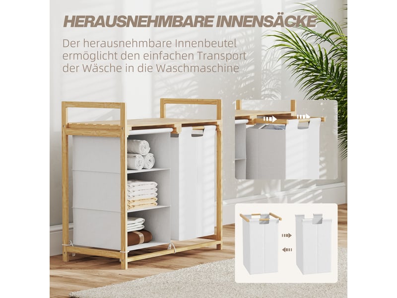 Panier à linge 83 l avec 4 compartiments, 2 sacs amovibles, poignée et structure en bambou, 70 x 36 x 70 cm, blanc  - Conforama E