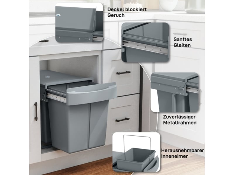 Poubelle coulissante 2x20 l, bacs amovibles, plastique et métal, grise - Conforama D