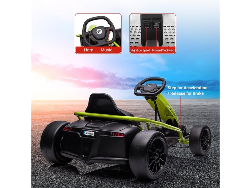  Kart électrique pour enfant 24 v, mode dérive, 2x300 w, siège réglable, mp3, 70 kg – vert PTO_0YXZO1HA - Conforama D