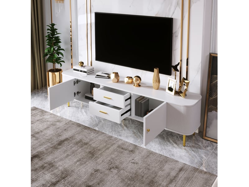 Meuble tv modenvie 170 x 34 x 45 cm mdf blanc détails dorés 2 tiroirs 2 portes - Conforama B