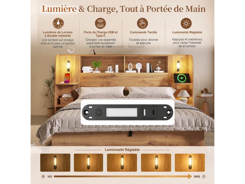  Lit coffre hydraulique 160 x 200 cm, effet chêne, led tactile, usb-c  - Conforama E