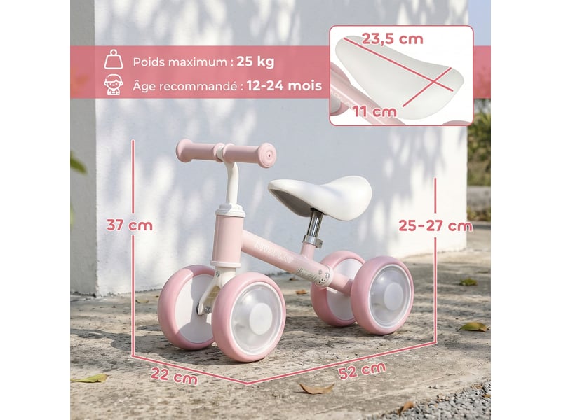  Draisienne bébé 1-2 ans, 4 roues lumineuses, siège réglable, direction limitée, pneus eva silencieux, 52x22x37cm, rose  - Conforama E
