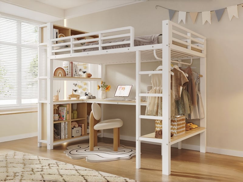  Lit mezzanine, 90 x 200 cm, bureau, porte-vêtements, étagères, compartiments de rangement, sans matelas, blanc  - Conforama B