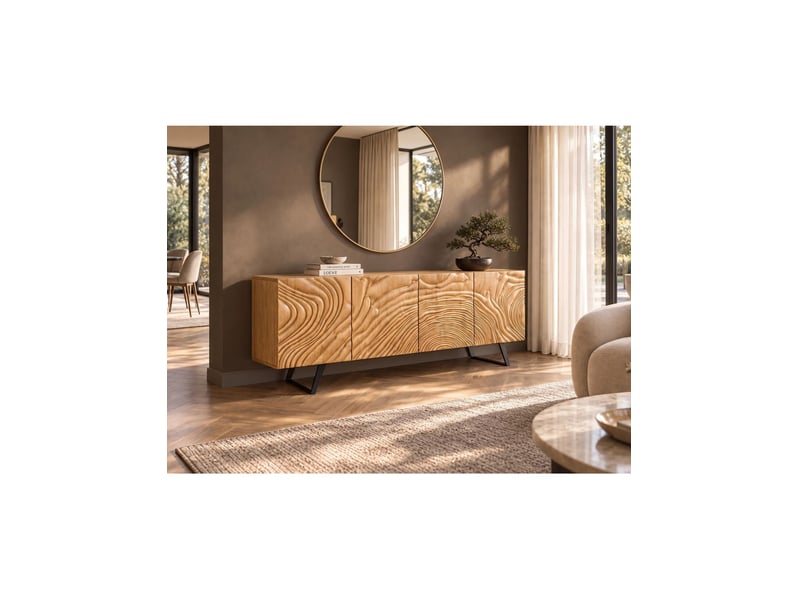  Buffet gaïa 177 cm en bois massif de manguier clair – 4 portes – façades sculptées – marron et noir  - Conforama B