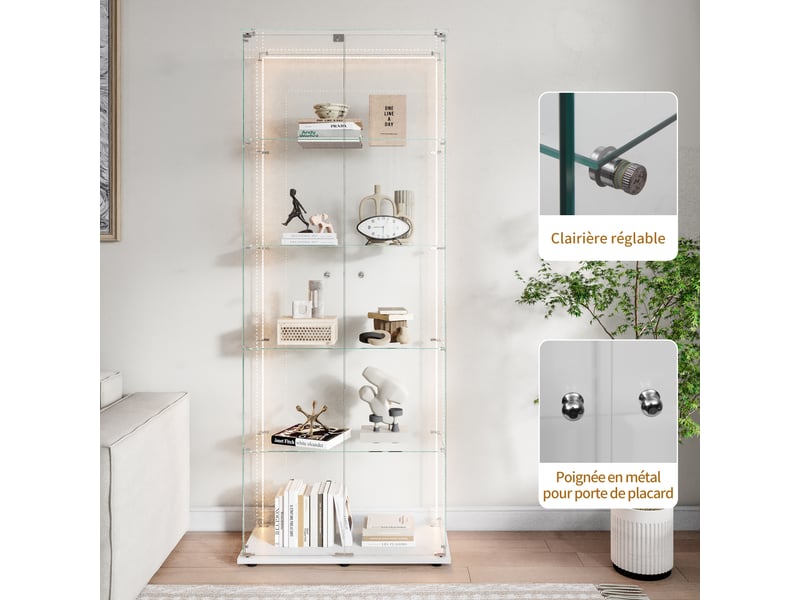  Vitrine de présentation 5 niveaux en verre blanc - armoire de vitrine verre verrouillable avec bande led et étagères pour collection  - Conforama D