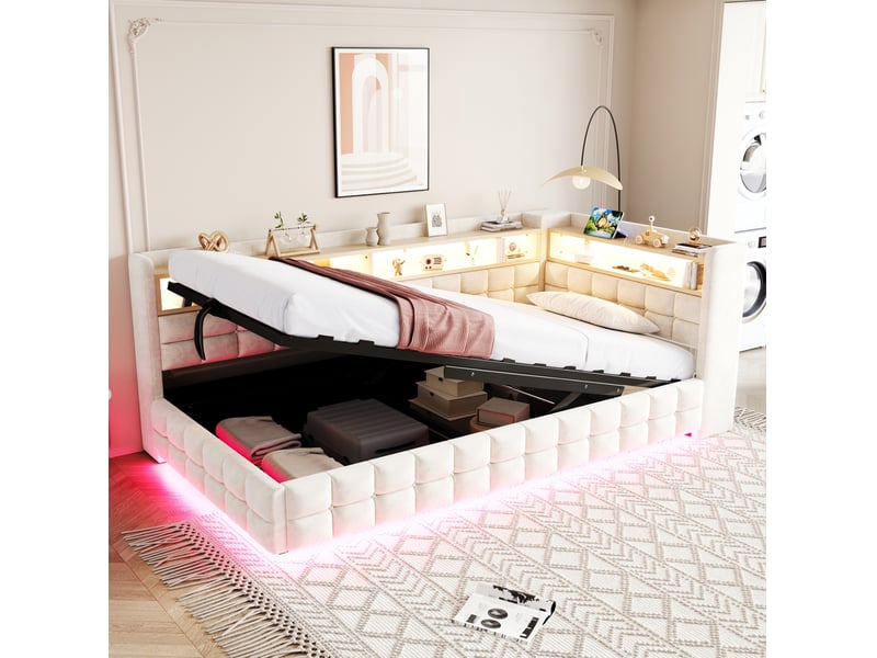  Lit banquette 90 x 200 cm beige en velours, rangement hydraulique, led et prises de recharge intégrées  - Conforama B
