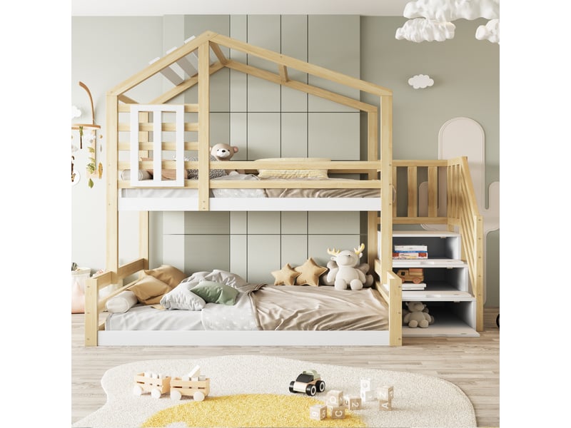  Lit superposé 90*200cm en pin, design maison avec fenêtre, échelle de rangement, naturel  - Conforama D