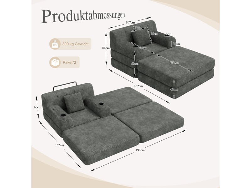  Fauteuil convertible 1 place avec pouf, 4 poches et 2 porte-gobelets en velours côtelé gris foncé  - Conforama C