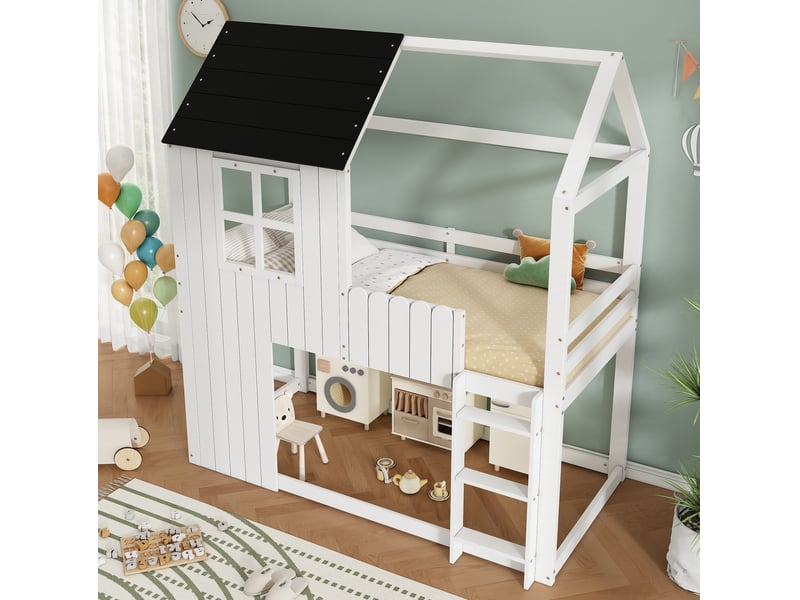  Lit mezzanine enfant 90 x 200 cm avec toit, escalier, pin et mdf, blanc et noir  - Conforama D