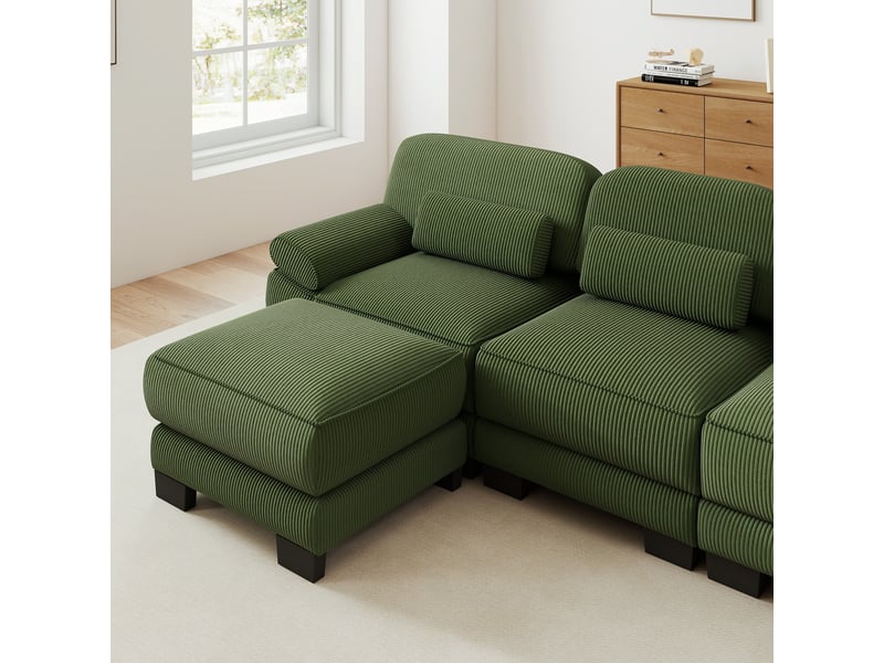 Canapé d’angle modulable 3 places vert en velours côtelé avec pouf assorti, assise profonde et configuration en l pour le salon - Conforama R