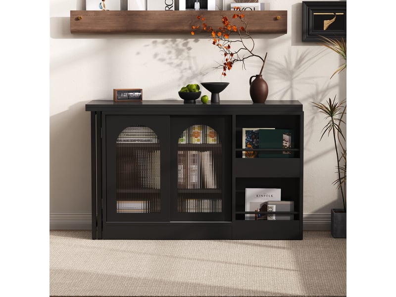  Table bar extensible 360° avec rangement, meuble réversible avec portes vitrées, bar cuisine, noir Fay Lum - Conforama E