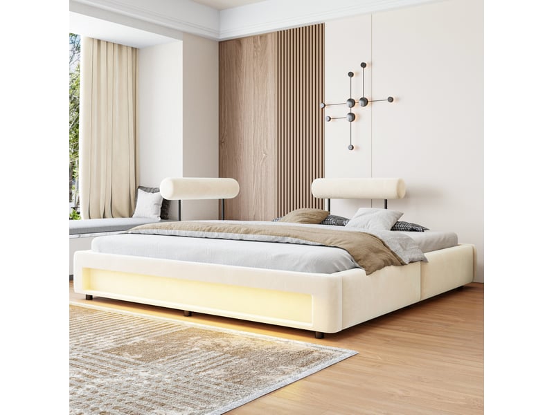 Lit double capitonné 180x200 cm, dossiers réglables et led, velours beige - Conforama C