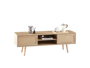 Meuble tv avec portes coulissantes et étagères réglables - pieds en bois massif, mdf naturel 140×40×45 cm
