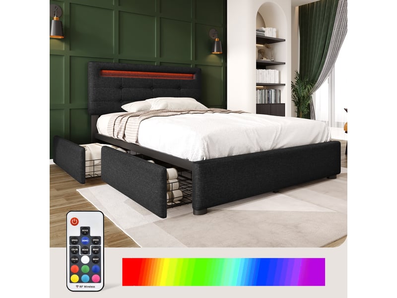  Lit simple moderne 90x200 cm avec led et 2 tiroirs, lin, noir, matelas inclus  - Conforama W