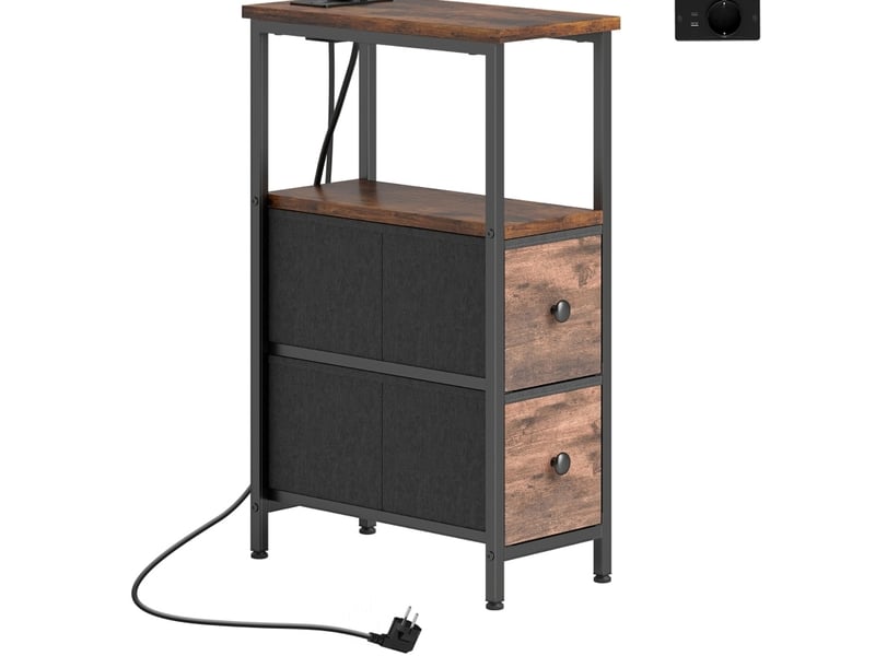  Table d'appoint 40x20x63 cm avec station de charge, style industriel, panneau de particules et métal, marron rustique  - Conforama A